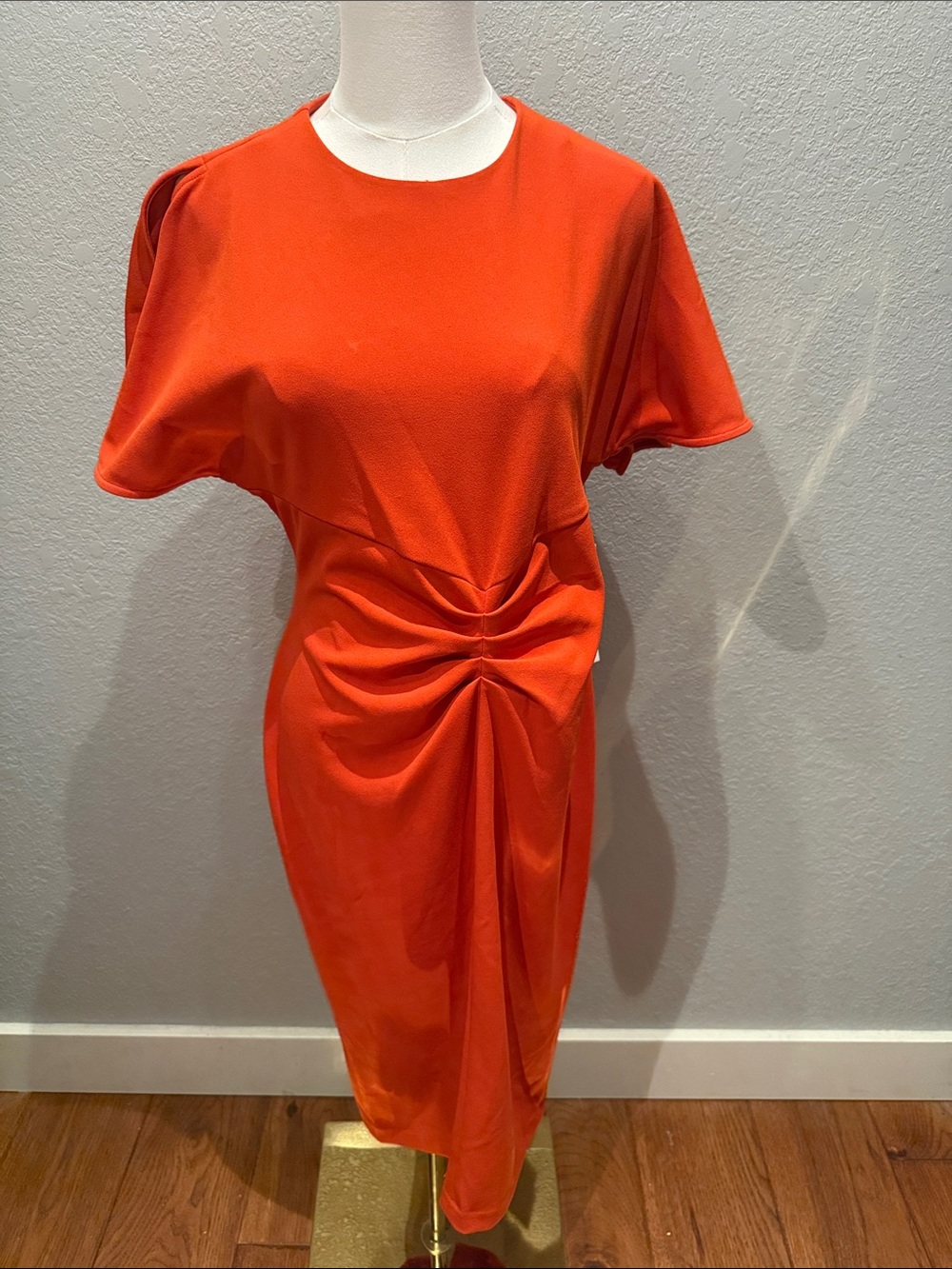 Calvin Klein Bright Orange Ruched-Front Midi Dress- small flaw near bust area